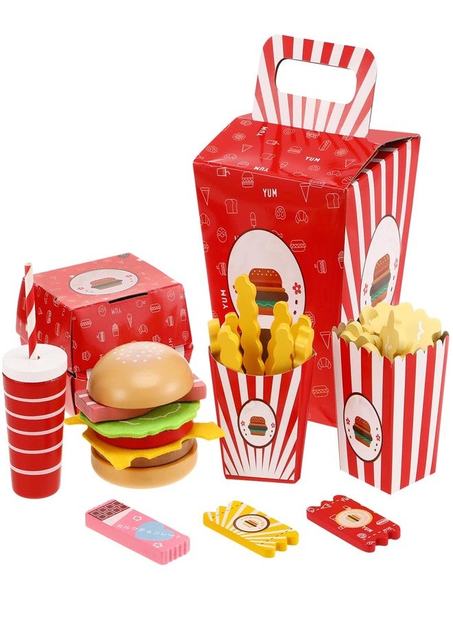 TOYANDONA Wooden Fast Food Burger Fries Deluxe Dinner Set, Kitchen Pretend Play Accessories Toy, Realistic Burger Fries Pretend Play Food Set Toy House Props Educational - Image 1