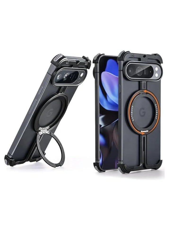 غلاف حامي متوافق مع Google Pixel 9 Pro XL، يشمل قاعدة دعم قابلة للدوران 360 درجة ومغناطيسية، غلاف هاتف أنيق بتصميمMinimalist لـ Pixel 9 Pro XL، بإطار معدني بدون حواف. - Image 1