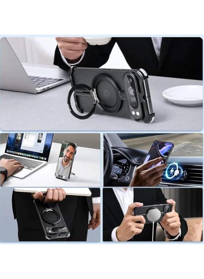 غلاف حامي متوافق مع Google Pixel 9 Pro XL، يشمل قاعدة دعم قابلة للدوران 360 درجة ومغناطيسية، غلاف هاتف أنيق بتصميمMinimalist لـ Pixel 9 Pro XL، بإطار معدني بدون حواف. - Image 4