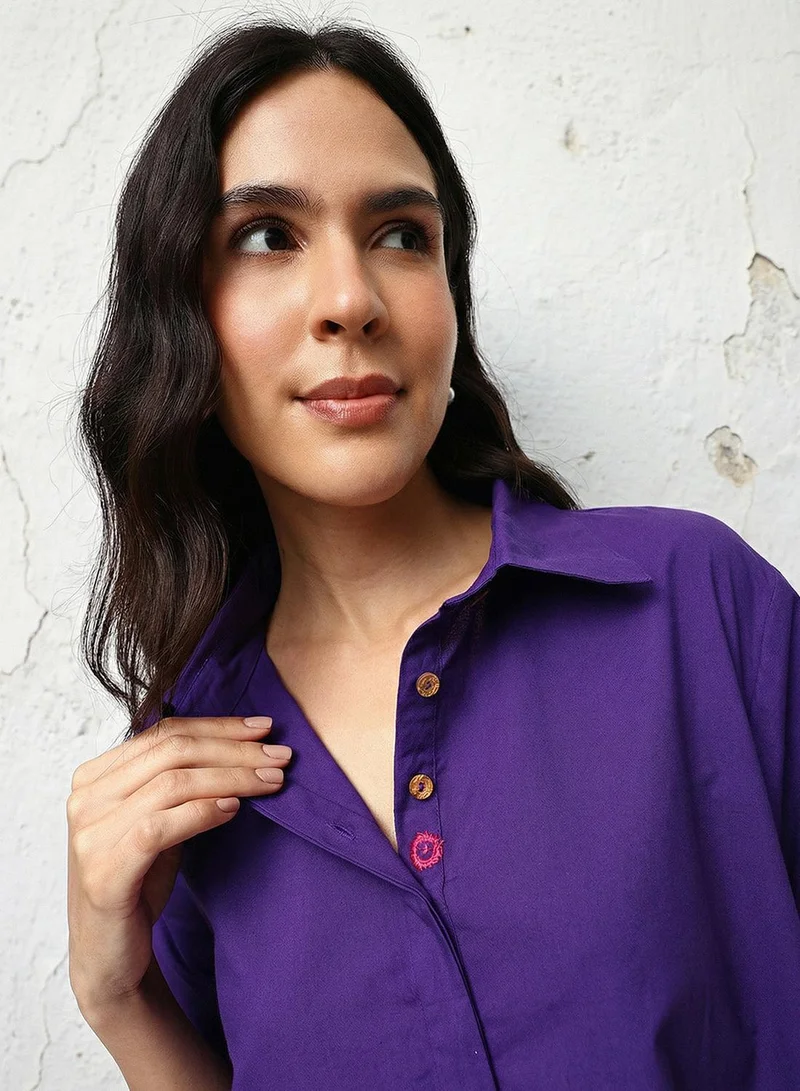 آي شين Purple 100% Cotton Solid Print Mini A-Line Relaxed Dress For Women