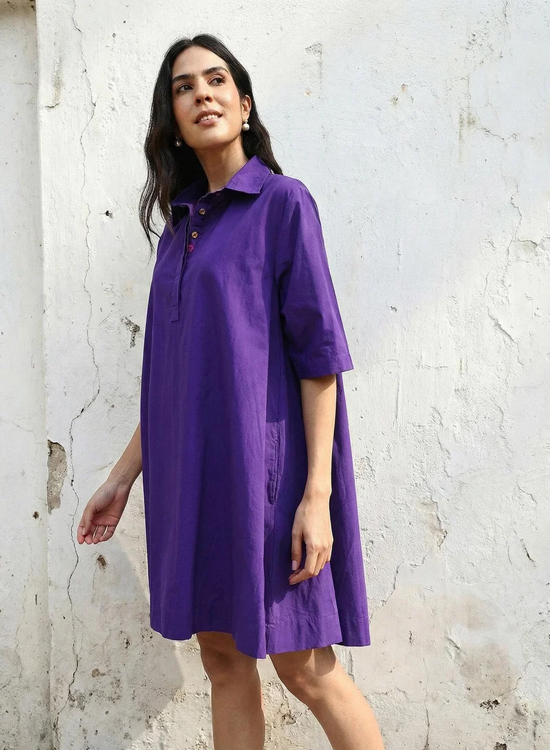 ISHIN  Purple 100% Cotton Solid Print Mini A-Line Relaxed Dress For Women for Women | Best Price UAE