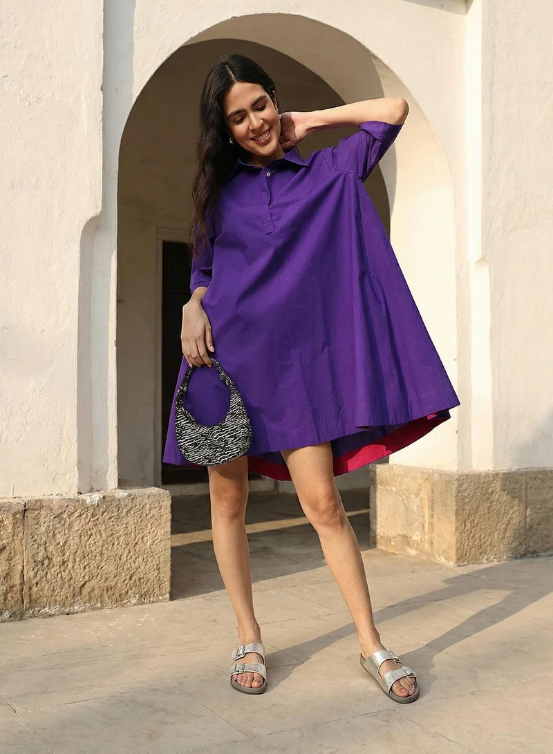 آي شين Purple 100% Cotton Solid Print Mini A-Line Relaxed Dress For Women