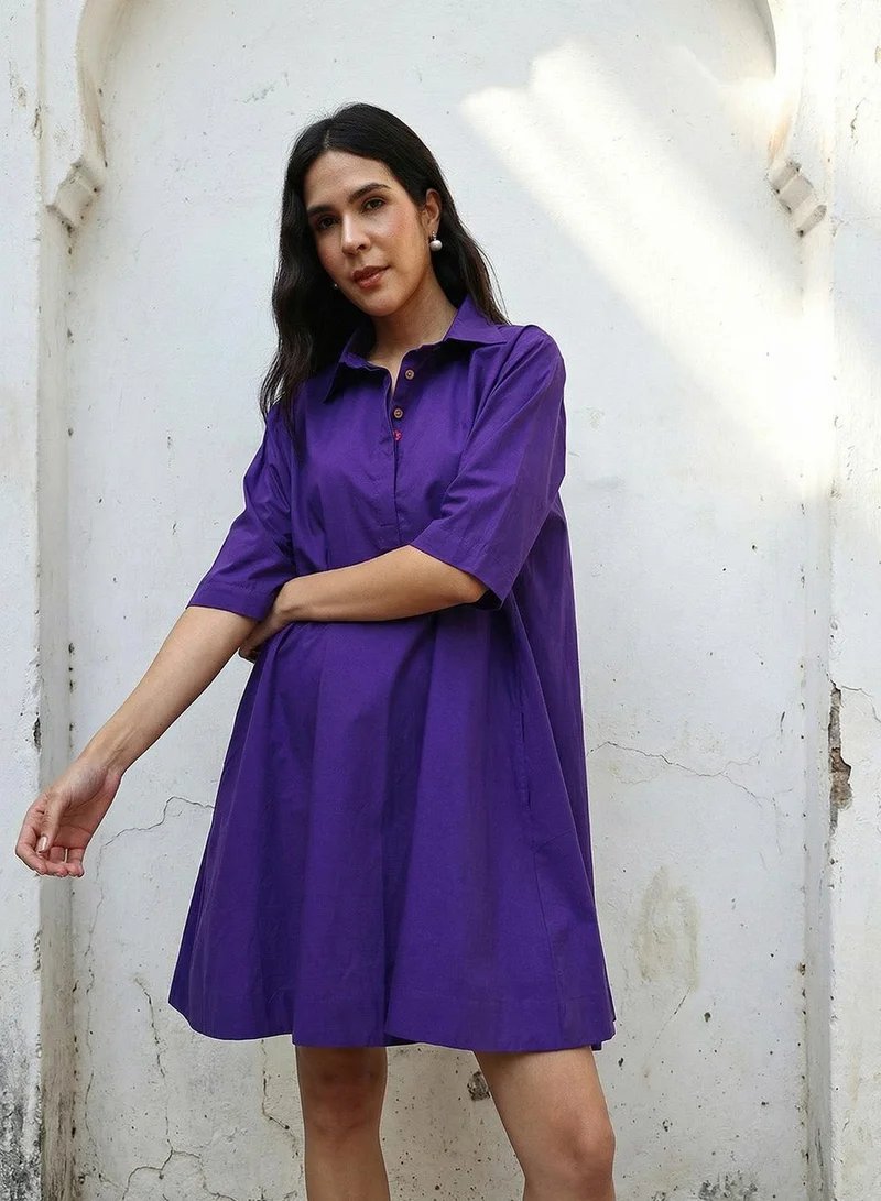 ISHIN  Purple 100% Cotton Solid Print Mini A-Line Relaxed Dress For Women for Women | Best Price UAE