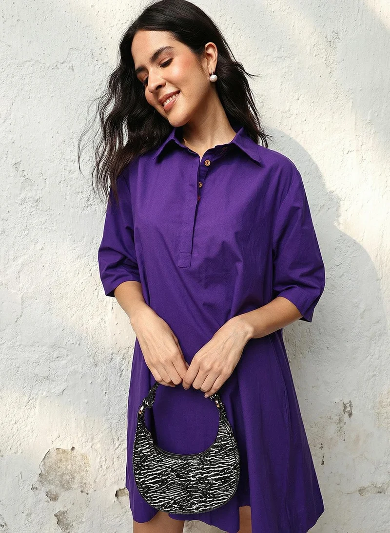 ISHIN  Purple 100% Cotton Solid Print Mini A-Line Relaxed Dress For Women for Women | Best Price UAE