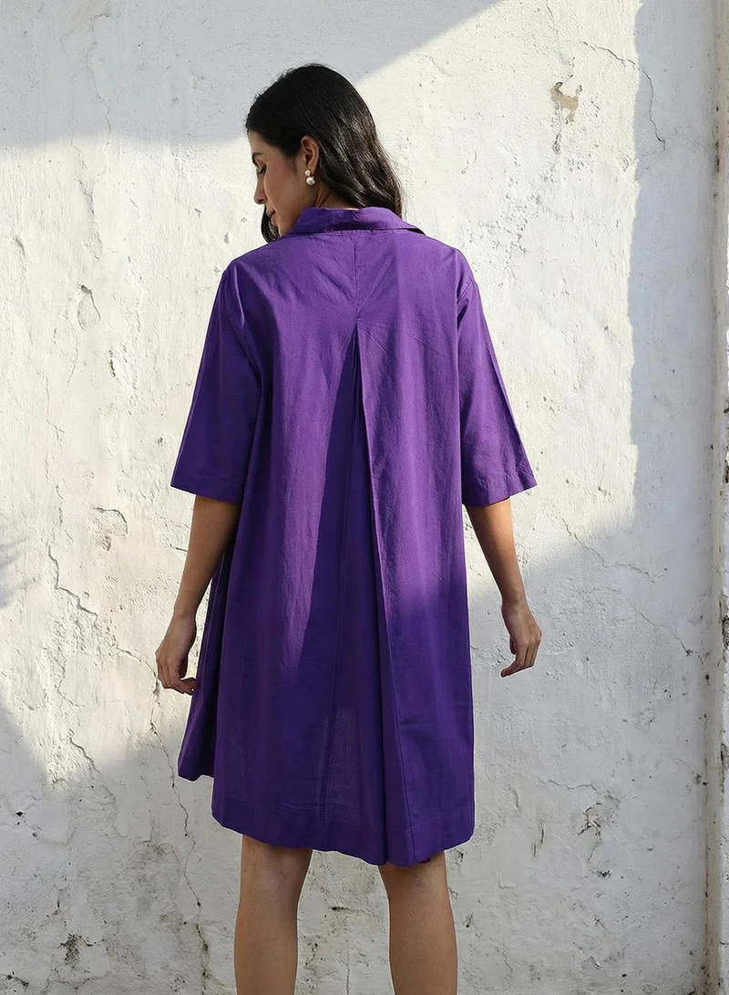 ISHIN  Purple 100% Cotton Solid Print Mini A-Line Relaxed Dress For Women for Women | Best Price UAE