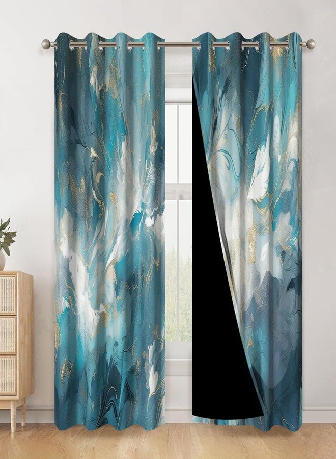 AWERT Blue Marble Blackout Curtains Abstract Fluid Striped Art Asia Chinese Window Treatments Thermal Insulating Light Blocking for Bedroom Living Room Set of 2 Panels 42x63 Inches - Image 1