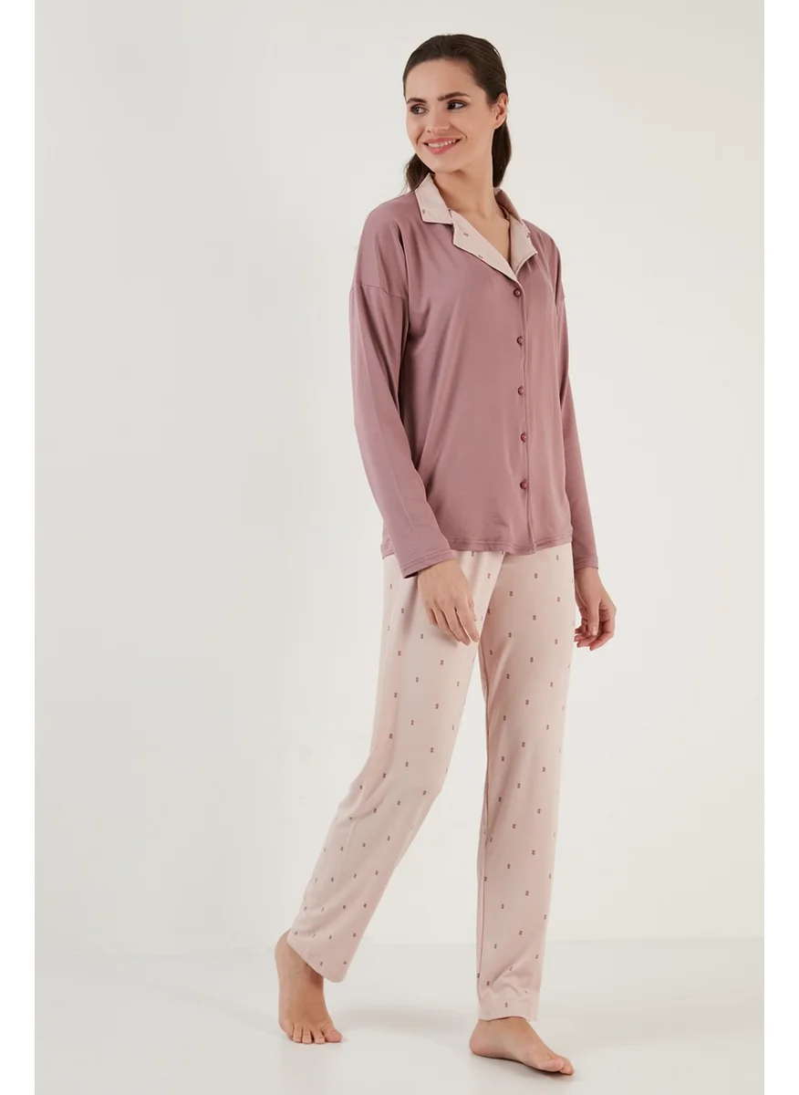 Lela Patterned Elastic Waist Long Sleeve Shirt Collar Woven Pajama Set Women's Pajama Set 6097520