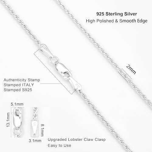 Waitsoul 925 Sterling Silver Rope Chain Lobster Clasp 2mm Silver Chain for Men Women Silver Necklace Chain 18 Inch - Image 3