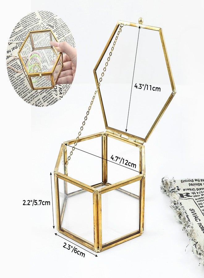 HighFree Glass Vintage Jewelry Box, Hexagon Golden Geometric Ring Display Jewelry Organizer, Keepsake Case Display Box for Trinket, Ring, Earring, Bracelet (Medium-4.3x4.3 x2.3 inch) - Image 3