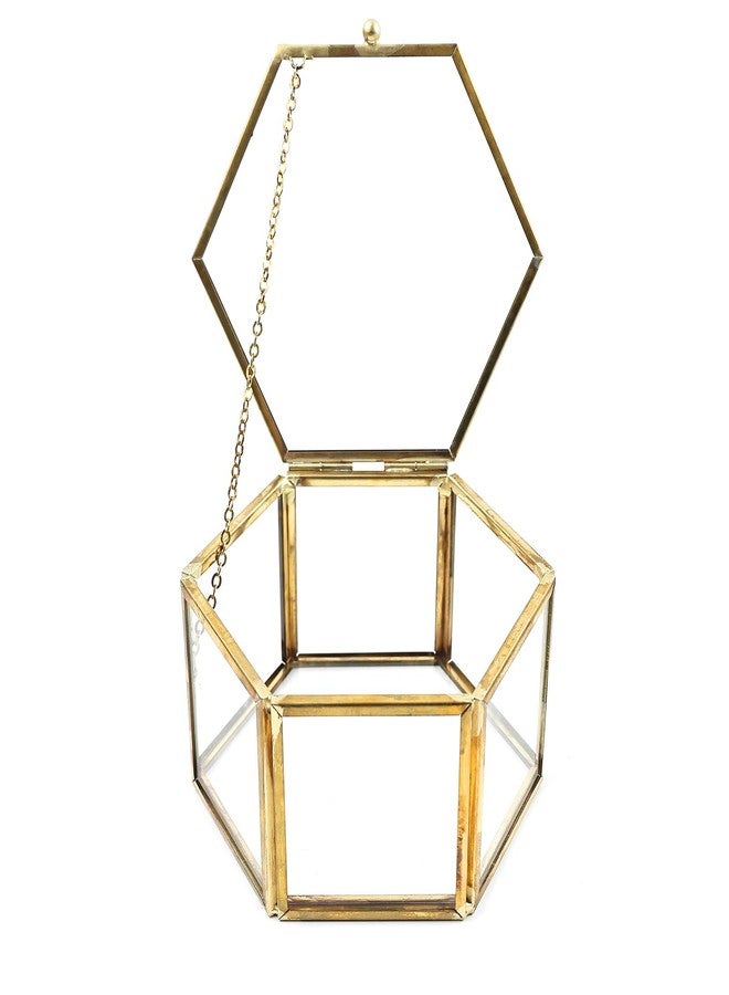 HighFree Glass Vintage Jewelry Box, Hexagon Golden Geometric Ring Display Jewelry Organizer, Keepsake Case Display Box for Trinket, Ring, Earring, Bracelet (Medium-4.3x4.3 x2.3 inch) - Image 1