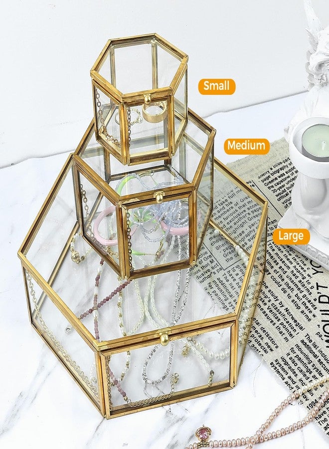 HighFree Glass Vintage Jewelry Box, Hexagon Golden Geometric Ring Display Jewelry Organizer, Keepsake Case Display Box for Trinket, Ring, Earring, Bracelet (Medium-4.3x4.3 x2.3 inch) - Image 4