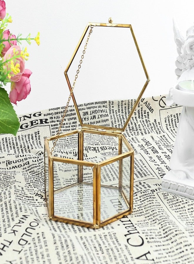 HighFree Glass Vintage Jewelry Box, Hexagon Golden Geometric Ring Display Jewelry Organizer, Keepsake Case Display Box for Trinket, Ring, Earring, Bracelet (Medium-4.3x4.3 x2.3 inch) - Image 2