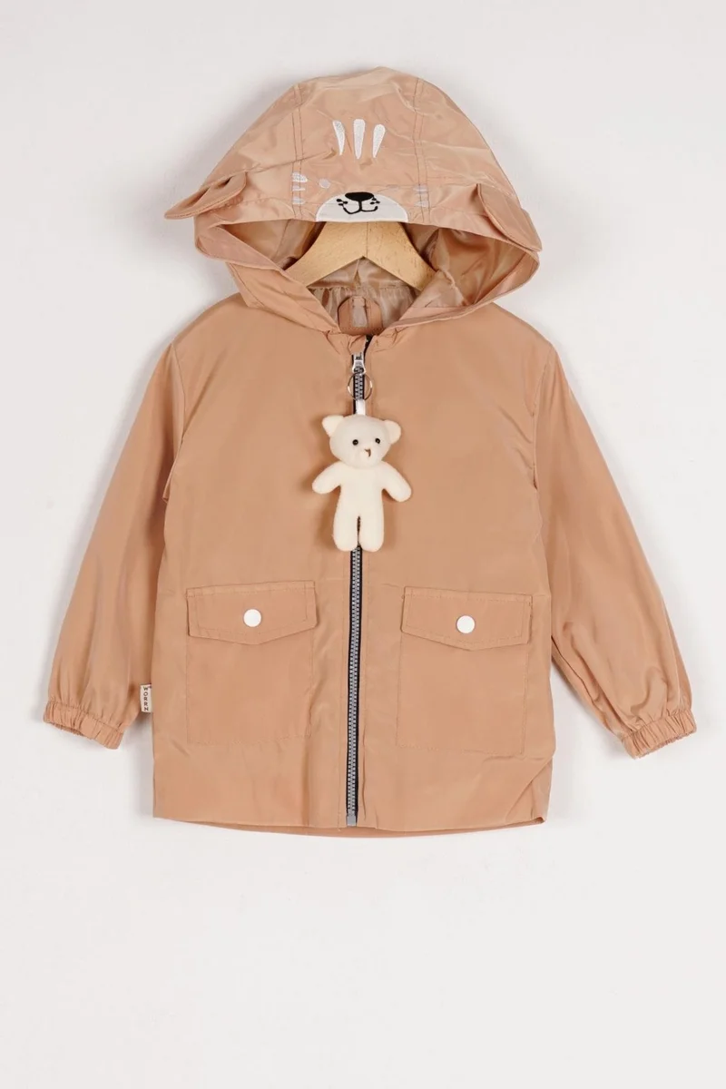 زيبكيدز Hooded Long Sleeve Zippered Teddy Bear Accessory Camel Color Boy Raincoat