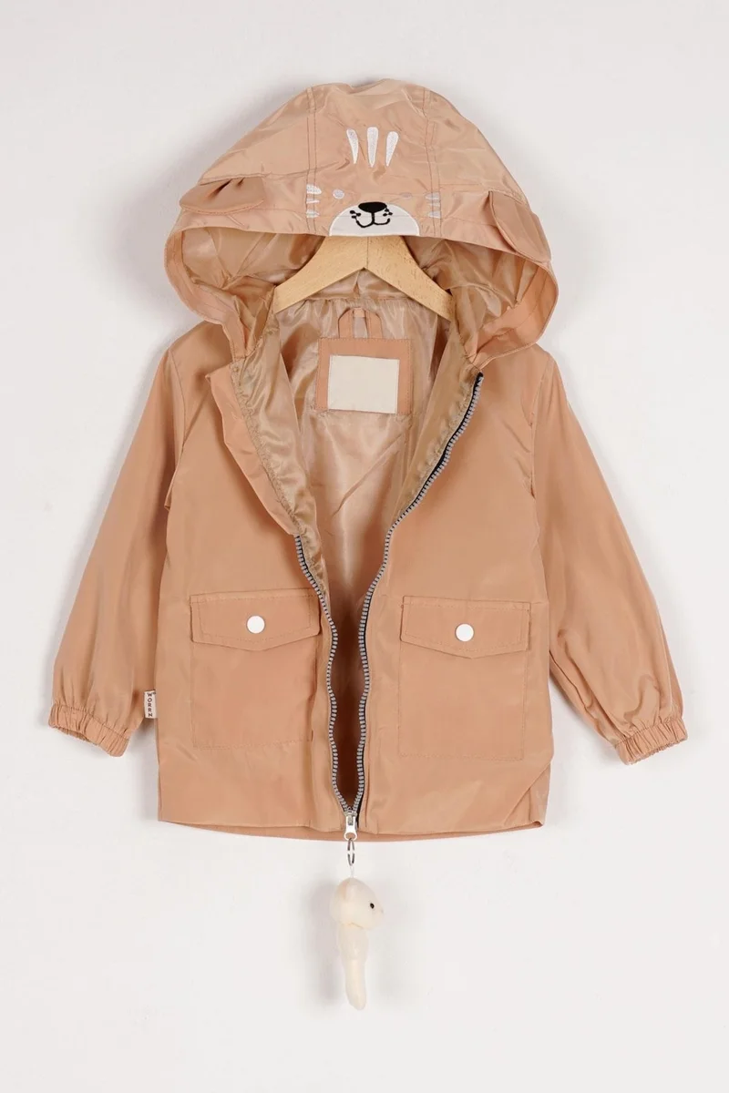 زيبكيدز Hooded Long Sleeve Zippered Teddy Bear Accessory Camel Color Boy Raincoat