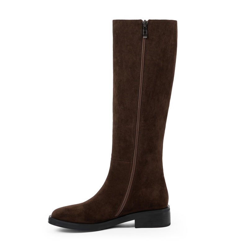 Modatope Knee High Boots Women Brown Round Toe Faux Suede Low Flat Heel Side Zipper Fall Suede Tall Long Chocolate Boots for Women Size 9.5 - Image 4