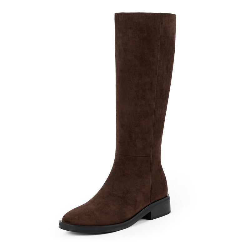 Modatope Knee High Boots Women Brown Round Toe Faux Suede Low Flat Heel Side Zipper Fall Suede Tall Long Chocolate Boots for Women Size 9.5 - Image 1