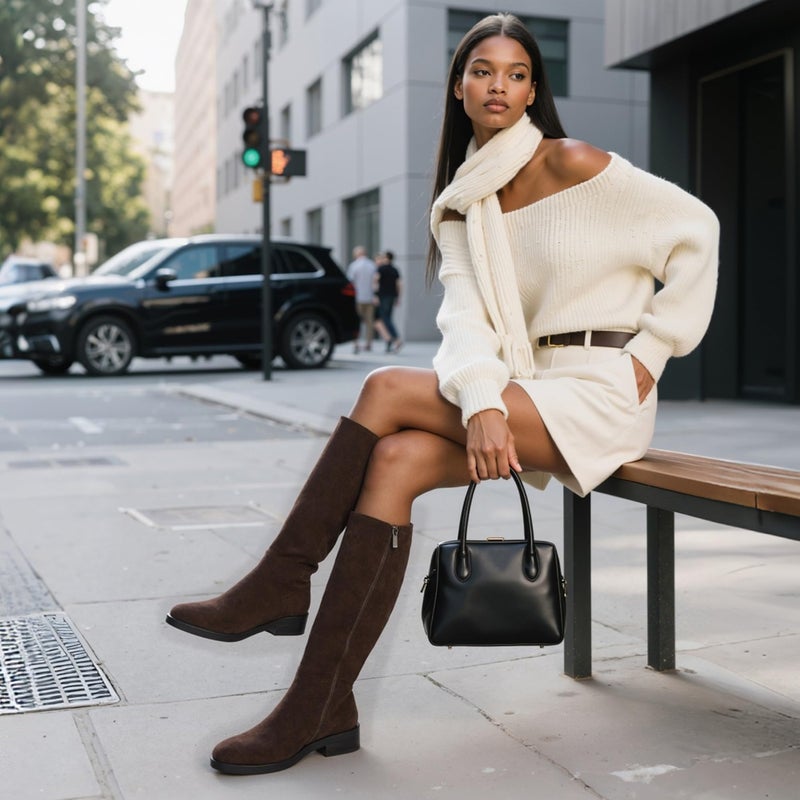 Modatope Knee High Boots Women Brown Round Toe Faux Suede Low Flat Heel Side Zipper Fall Suede Tall Long Chocolate Boots for Women Size 9.5 - Image 3
