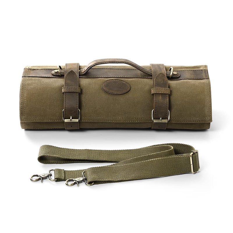 HEZHEN Chef Knife Roll Bag 16oz Oil Waxed Canvas Heavy Duty Portable Backpack Knife Case Storage 12 Slots 2 Zipper Pockets Detachable Adjustable Leather Shoulder Strap BeltNot Included Knives