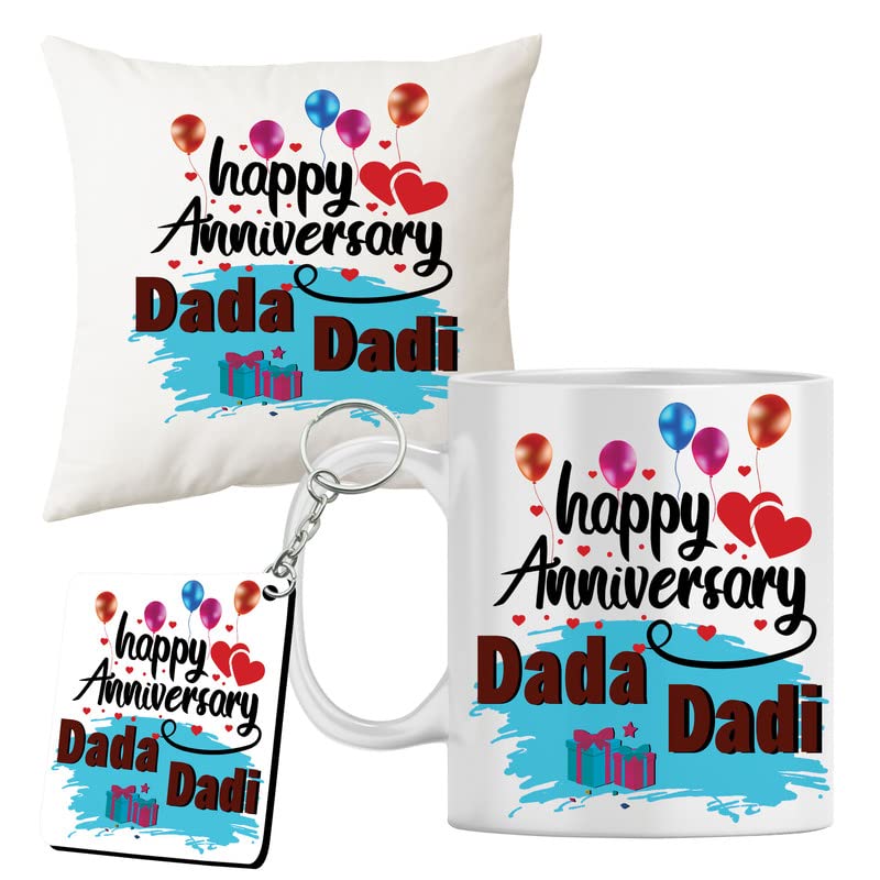 BHAWANI GIFT CREATIONS Bhawani Gift Happy Anniversary Dada Dadi Personalized CushionPillow KeyChain and Coffee Mug Designed for Your Dada Dadi - Image 1