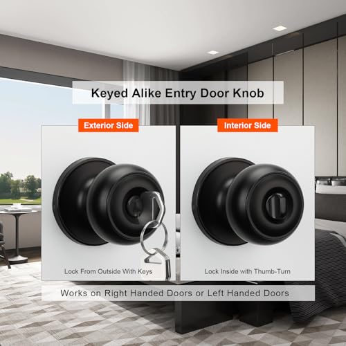 Haidms 5 Pack Matte Black Door Knobs with Lock and Key, Keyed Alike Keyed Entry Door Knobs Exterior, Black Doorknobs for Bedroom - Image 3