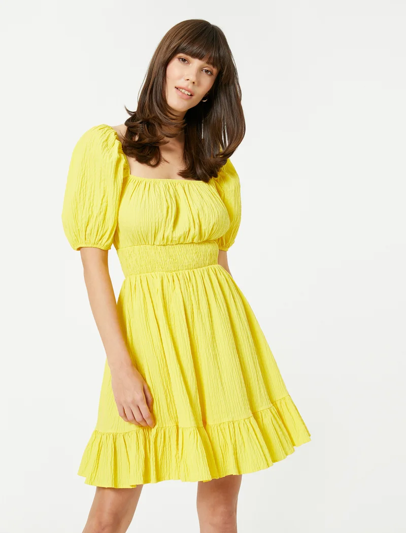 كوتون Mini Dress Puff Sleeve Gimped Cotton