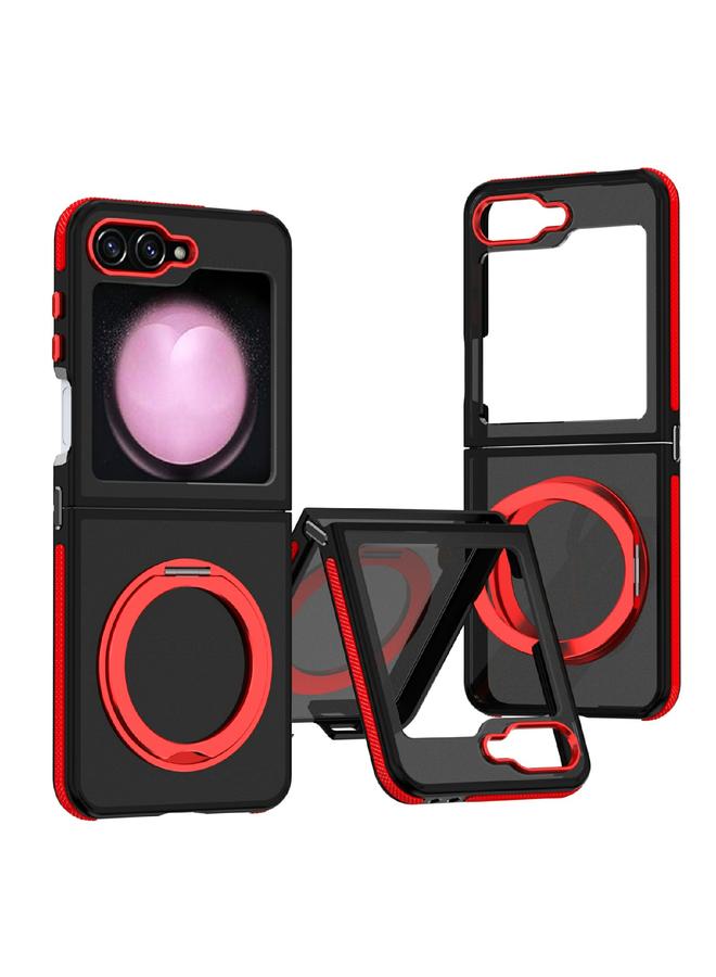 اس-توب جراب لهاتف Samsung Galaxy Z Flip5 ثنائي اللون بملمس الجلد مع حامل دوار 360 درجة - Image 1