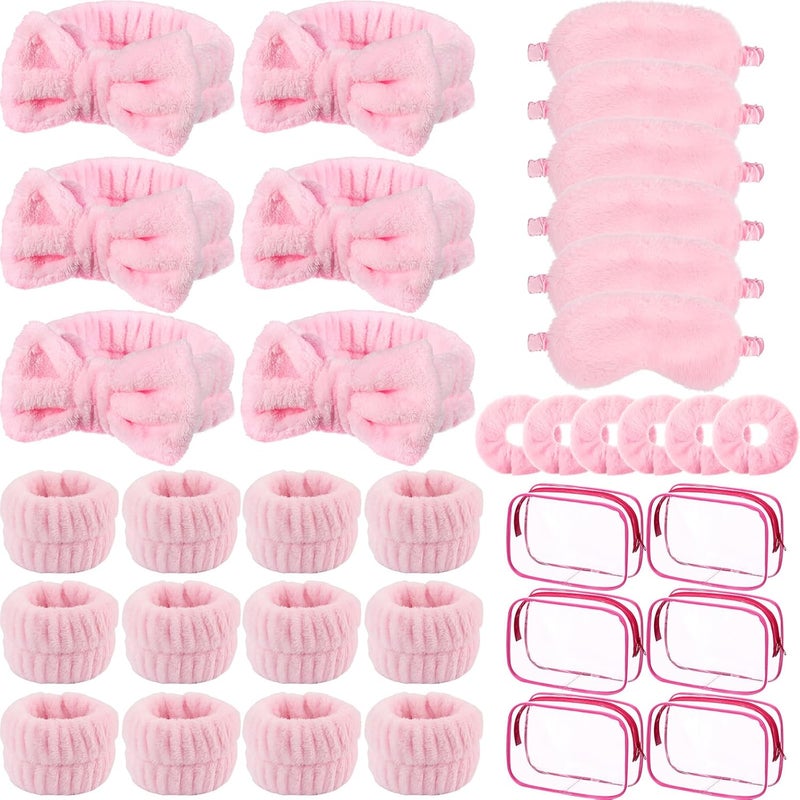 Hoteam 30 Pieces Sleepover Party Supplies 6 Pink Spa Headband 6 Pink Plush Sleep Eye Mask 6 Velvet Scrunchies 6 Wristband 6 Clear Cosmetic Bags for Slumber Spa Party Favor Gift Skincare Makeup