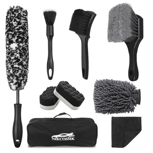 NIKCOSMK 9Pcs Car Wheel Tire Brush Kit Wheel Cleaner Brush Softbristled Rim Brush Tire Shine Applicator Pad Car Wash Mitt Towel Car Detailing Cleaning Wash Brush Supplies Kit - Image 1