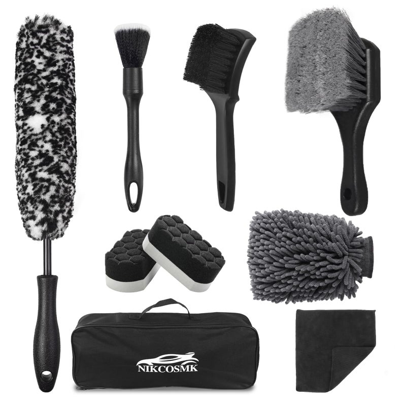 NIKCOSMK 9Pcs Car Wheel Tire Brush Kit Wheel Cleaner Brush Softbristled Rim Brush Tire Shine Applicator Pad Car Wash Mitt Towel Car Detailing Cleaning Wash Brush Supplies Kit - Image 2