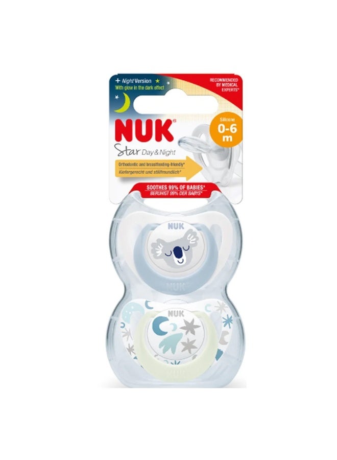 NUK Star Day & Night Silicone Soothers For 0-6 Months Baby, Assorted Pack of 2's