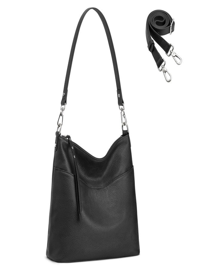 S-ZONE Leather Tote Bag for Women Medium Crossbody Handbags Shoulder Hobo Purse with 2 Removable Straps, Black - Image 2