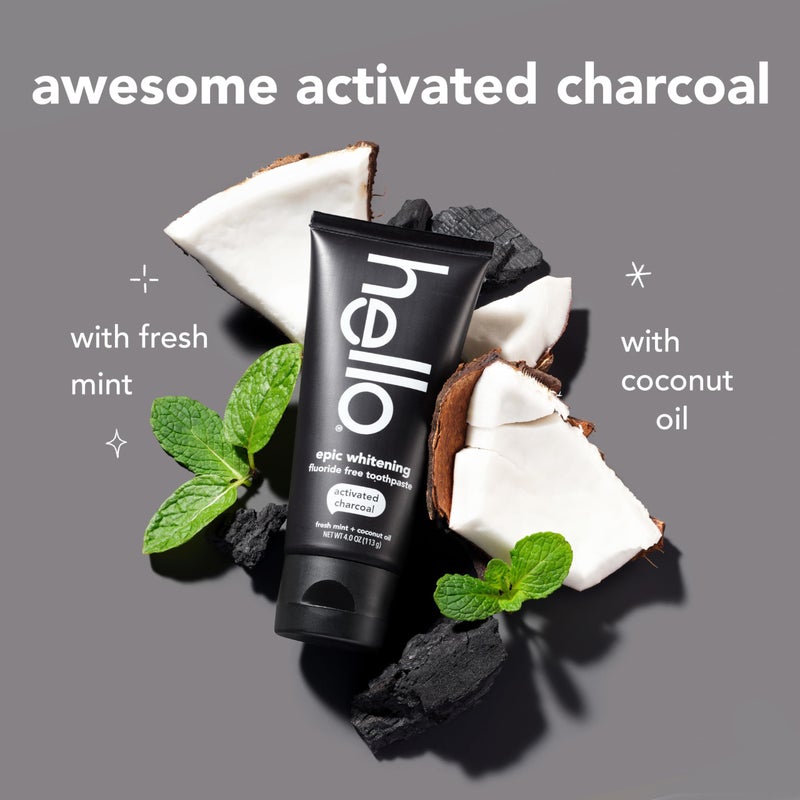hello Epic Whitening Charcoal Fluoride Free Toothpaste, Activated Charcoal Toothpaste with Coconut Oil, Whitens Teeth Naturally, SLS Free, Fresh Mint, 3 Pack, 4.0 Oz Tubes - Image 3