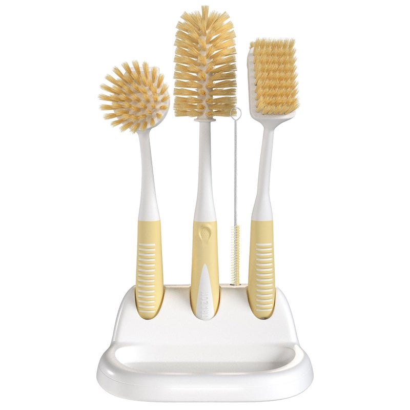 Dish Brush Set of 5 with Holder Kitchen Scrub Brushes with NonSlip Long Handle for Cleaning Scrubber Dishwashing Dishes Bottles Straws Cups Pots Sink Baige
