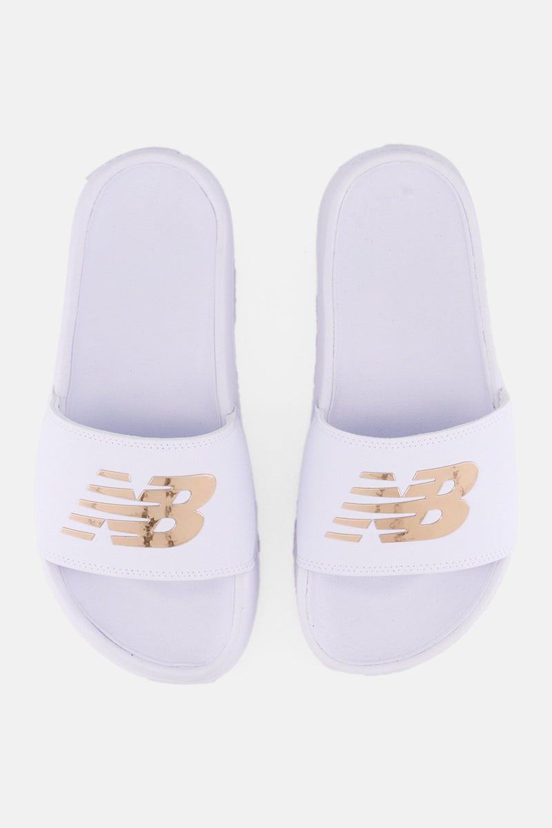 New Balance Women SWM200J3 Brand Logo Slip On Slides, White - Image 2