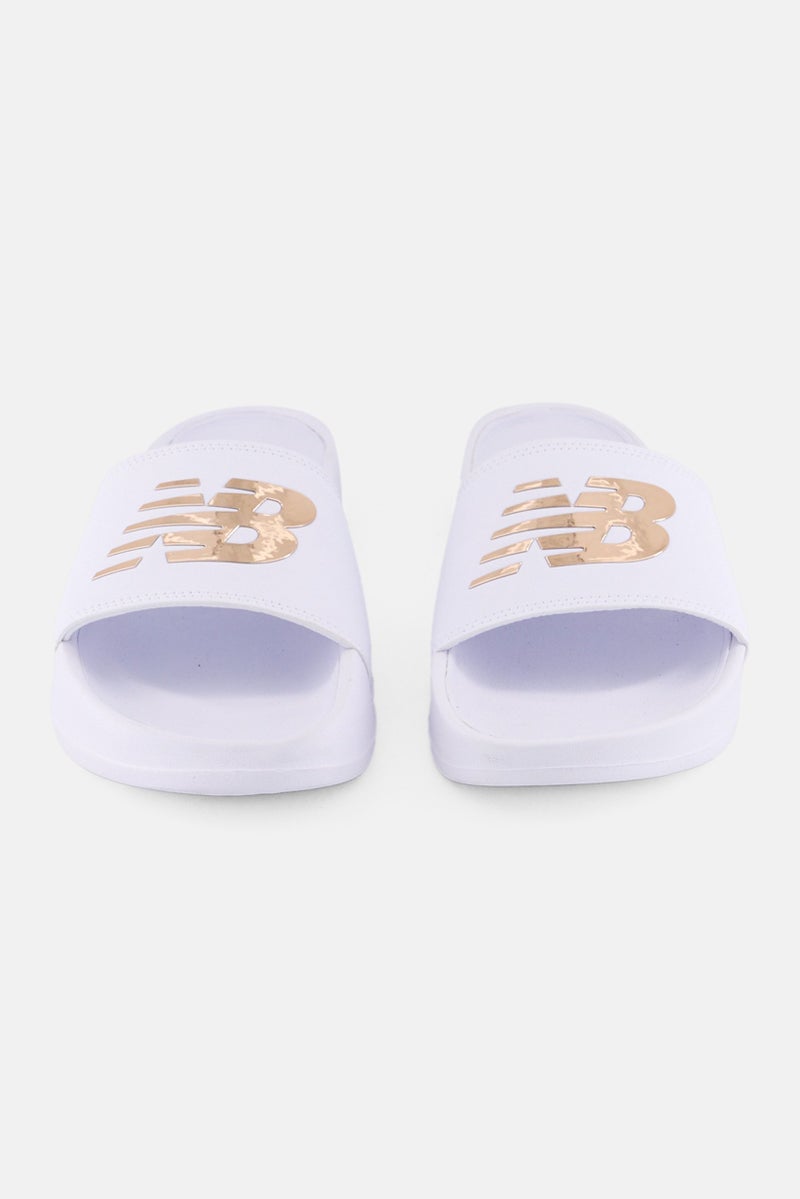 New Balance Women SWM200J3 Brand Logo Slip On Slides, White - Image 3