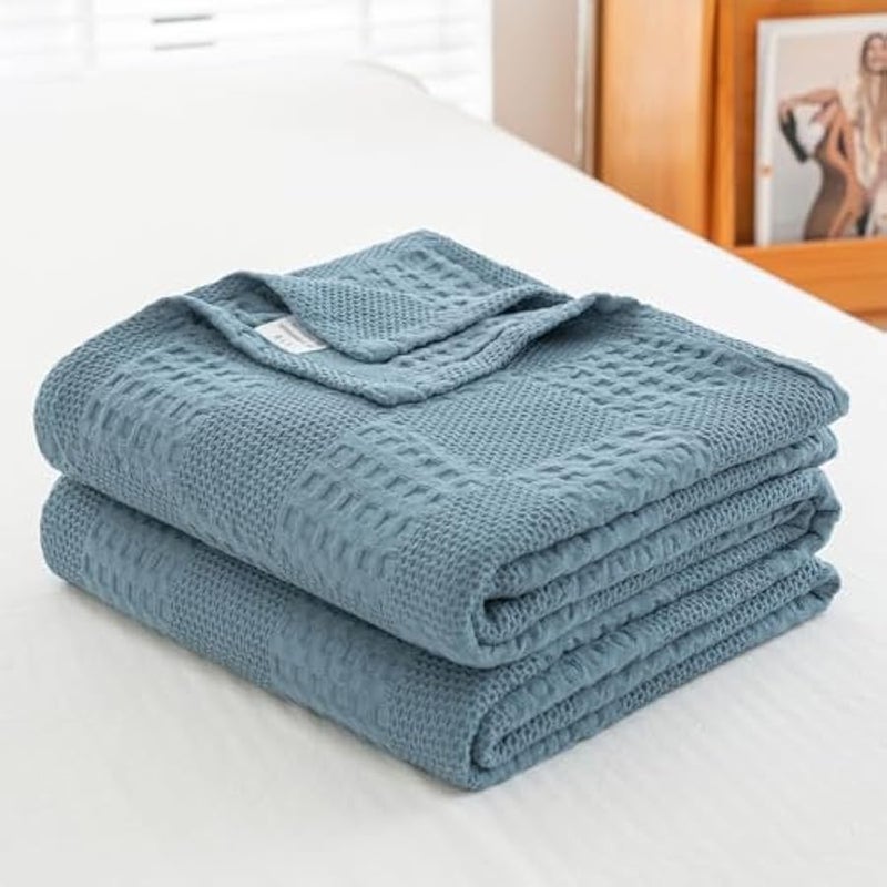 Loquat Hollow Out Cotton Blanket, Summer Thin Bed Throw, King Size, For Bed Sofa Naps, Blue 200x230cm - Image 1