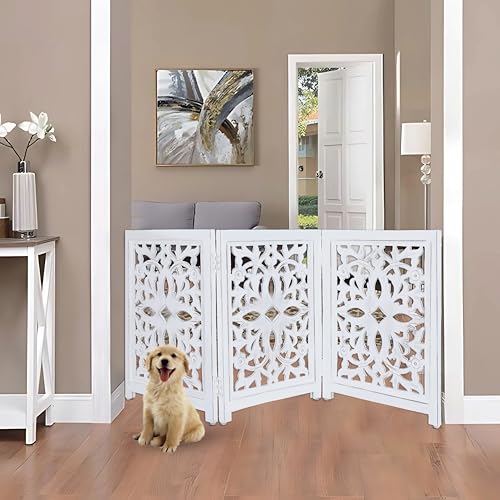 Lightnpro Foldable Carved Wooden Dog Gate Freestanding Indoor Pet Barrier for Home Adjustable Dog Fence for Stairs Doorways Hallways 24x18 Inch Antique White