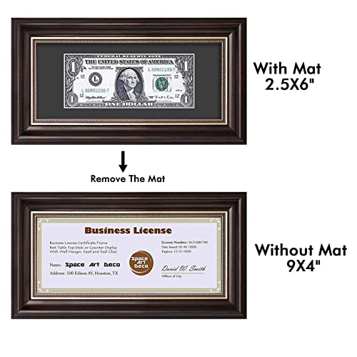 Space Art Deco,4x9 Dollar Bill Frame, Easel Stand for Tabletop or Wall Display with D-Ring Hangers, Real Glass (Dark Brown,1 Pack) - Image 4