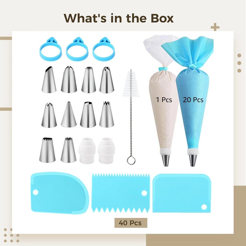 40-Piece Cake Piping Kit, 1 TPU Bag, 20 Disposable Bags, Multiple Metal Tips, 3 Scrapers, and Brush for Cake Design - Image 5