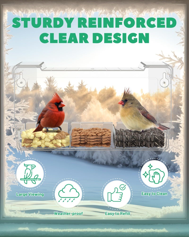 LMHOME Clear Window Bird Feeder Outdoors - Bird Feeder for Viewing with 5 Perching Stands, Self-Adhesive Hooks, Drain Holes and Removable Tray, as a Birdhouse, Garden Decor - Image 3