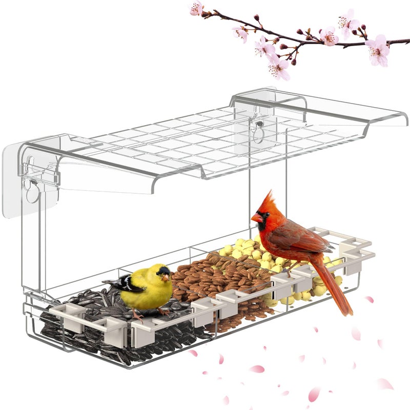 LMHOME Clear Window Bird Feeder Outdoors - Bird Feeder for Viewing with 5 Perching Stands, Self-Adhesive Hooks, Drain Holes and Removable Tray, as a Birdhouse, Garden Decor - Image 1