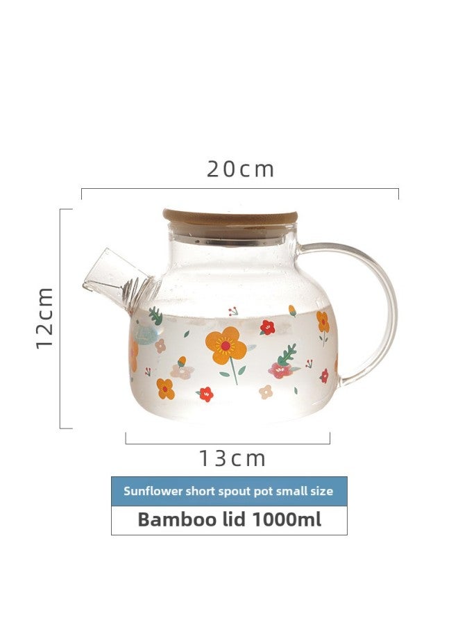 Artistic Glass Cold Water Bottle Cold Water Bottle Set Fruit Juice Scented Tea Fruit Teapot Tea Maker Large Capacity Tea Cup Tray-Color:Sunflower Short Spout Pot-small (bamboo Cover) - Image 1