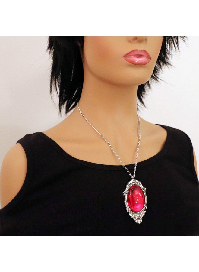 Real Metal Blood Red Cabochon In Silver Finish Pewter Frame Pendant Necklace - Image 2