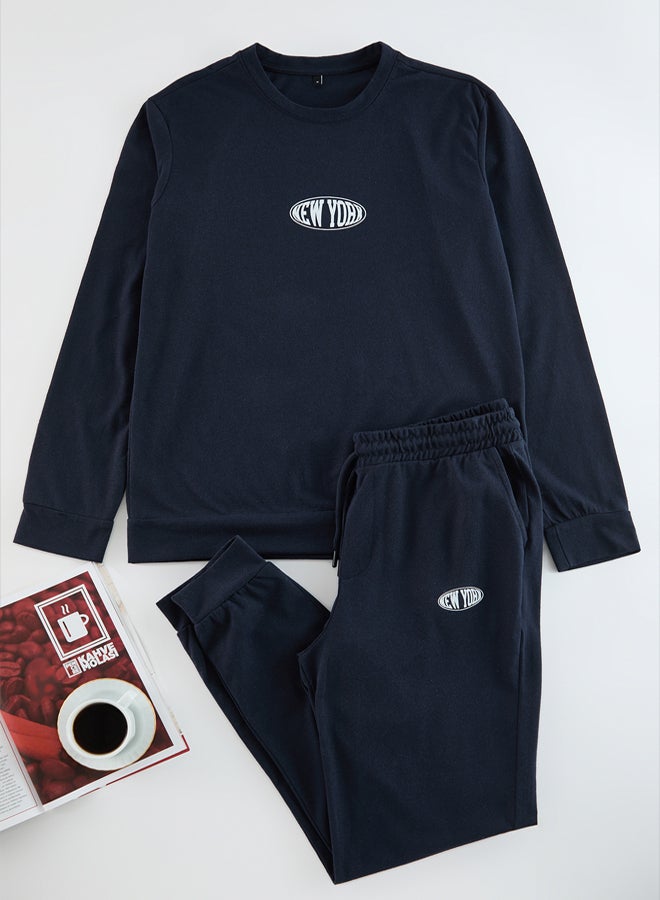 Men's Navy Blue Regular Fit Printed Knitted Pajama Set