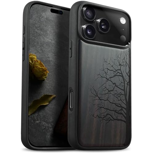 Carveit Magnetic Wooden Case for iPhone 17 Pro Max Case, Wood Artisan Engraved & Black Soft TPU Shockproof Cover, Compatible with MagSafe Wireless Chargers (The Bare Tree) Blackwood - Image 1