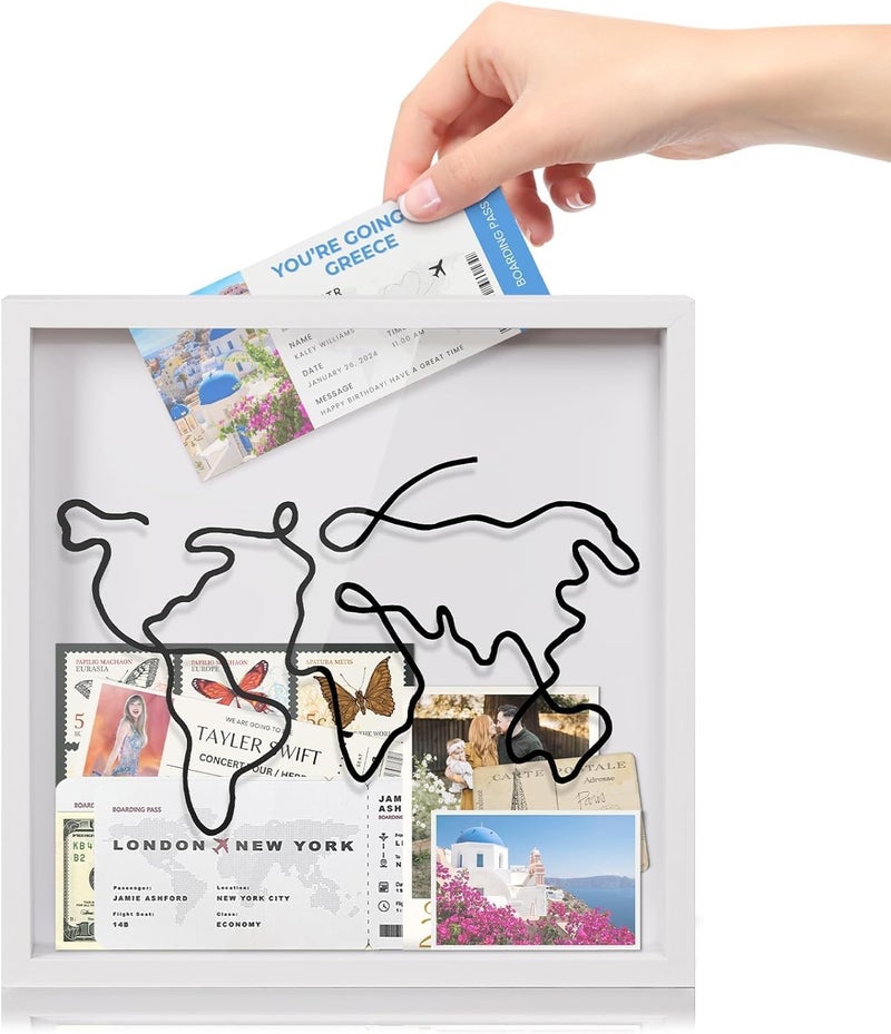 Trendy widespread design Adventure Archive Box for Memories - 12x12 Travel Shadow Box with Slot, Life in a Box Travel Frame, Top Loading Shadow Box for Souvenir Keepsakes, Travel Fund Money Box (White) Ready varied options - Image 1