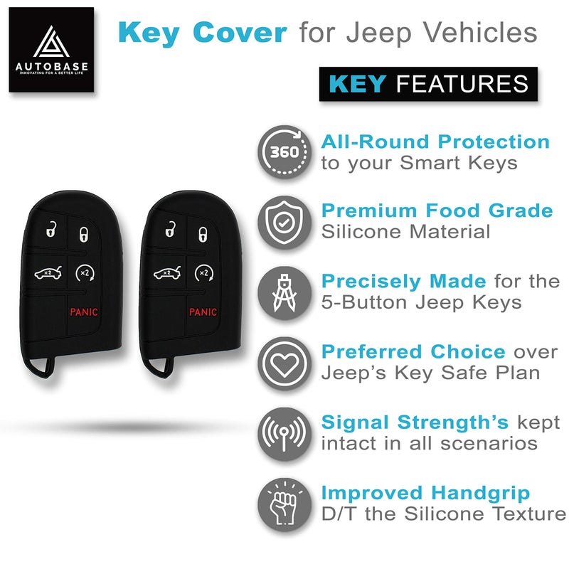Autobase Silicone Key Fob Cover for Jeep Grand Cherokee Renegade Compass Dodge Challenger Charger Dart Durango Journey Chrysler 200 300 | Car Accessory | Key Protection Case (Black, 2 Pcs) - Image 3