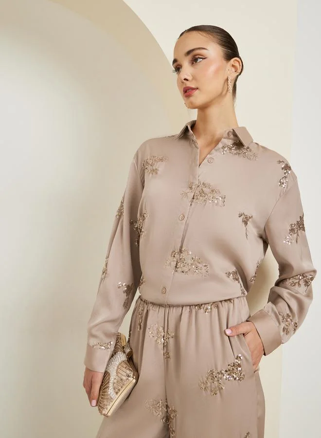 Women Sequined Embroidered Evening Satin Shirt