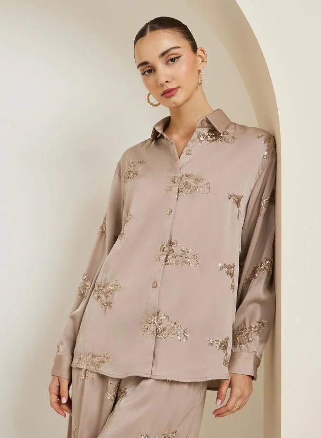 Styli Women Sequined Embroidered Evening Satin Shirt