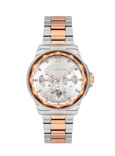 يو اس بولو اسن UPSA Crossing 35mm Ladies' Chronograph Watch with Rose Gold Accents & Two-Tone Stainless Steel Bracelet